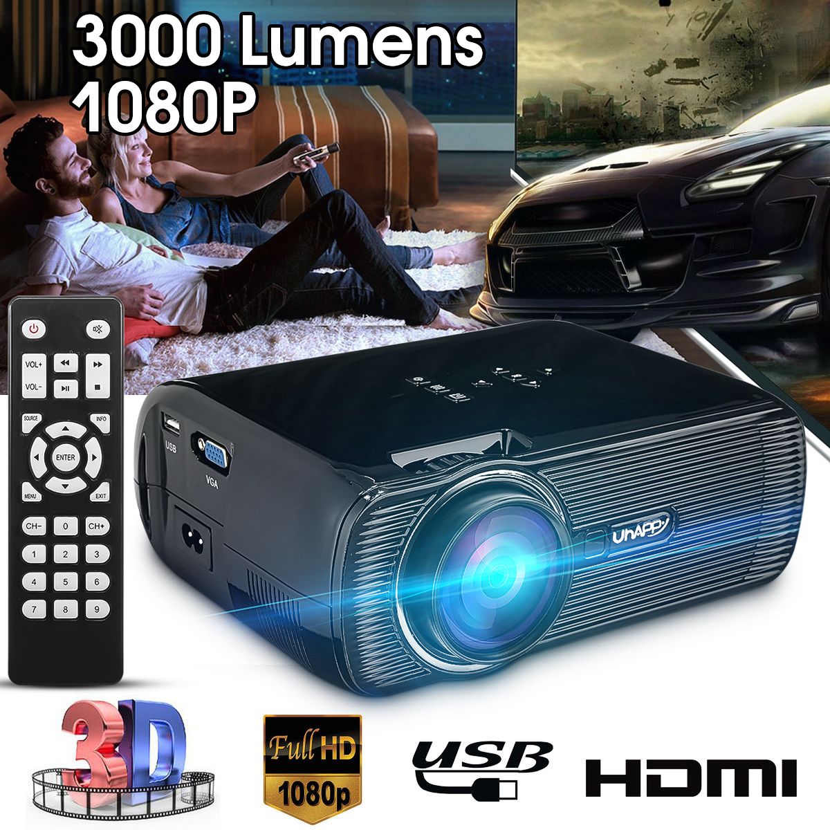Helpful AU/UK/EU Plug Business 1080P HD 3000 Lumens LCD Projector Home Theater Cinema HDMI/USB/VGA/SD
