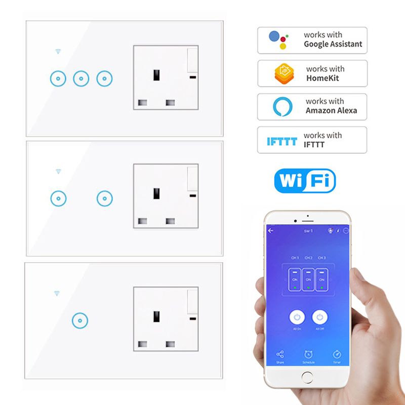 Wifi Touch Switch with UK Standard Socket Remote Control Work with Google home Amazon Alexa 1 2 3 Gang Smart Wifi Switch