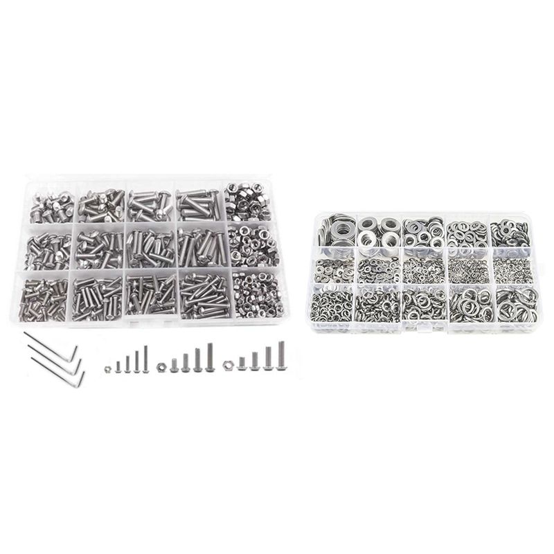 1 Set Button Head Hex Socket Head Cap Bolts Screws with Nuts & 1 Set Flat Washer and Lock Washer Assortment Set