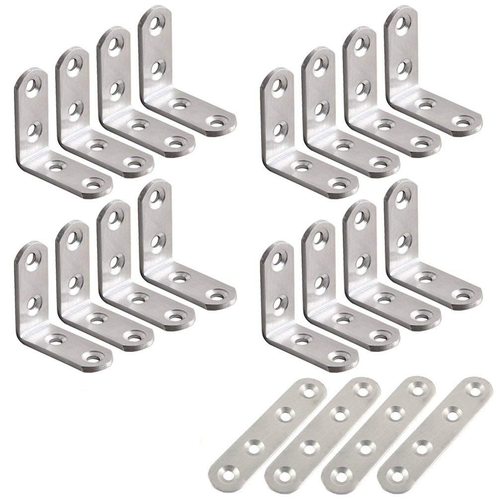Durable 20-piece stainless steel holder 16 by 40 x 40 mm 90 degrees right angle L-shaped brackets and 4 pieces of a wide corner connector without screws