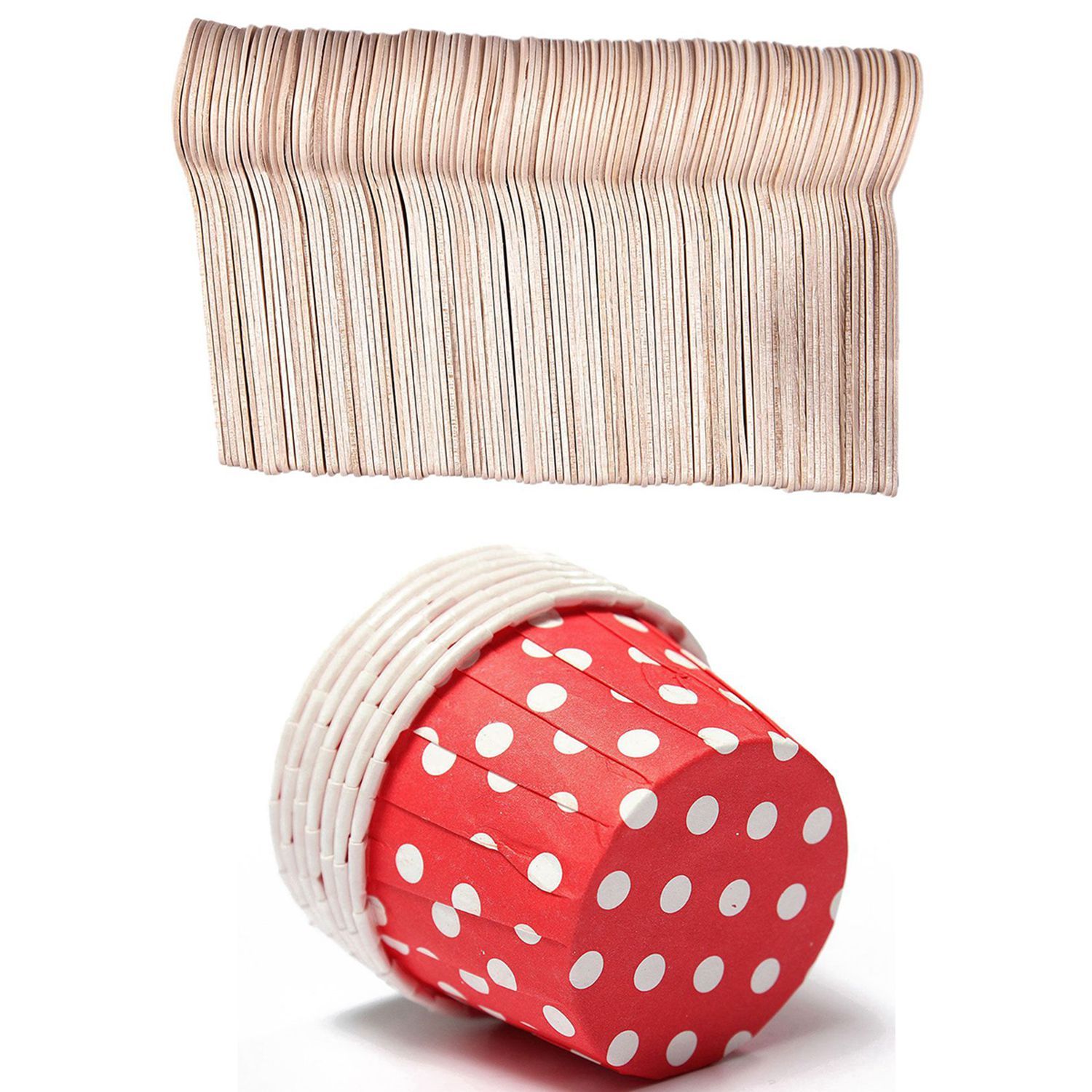 100X Paper Cupcake Liner Muffin Baking Cups Color: Red Dot: 3.8cmx3cmx5cm with 100Pcs Disposable Wooden Spoon