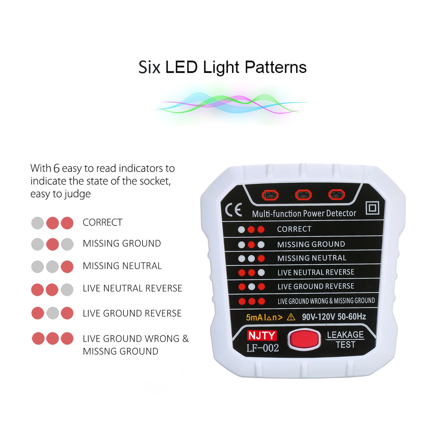 NJTY Advanced RCD Electric Socket Tester Automatic Neutral Live Earth Wire Testing Circuit Polarity Detector Wall EU Plug Breaker Finder Electric Leakage Test 30mA 220V~250V 50~60Hz