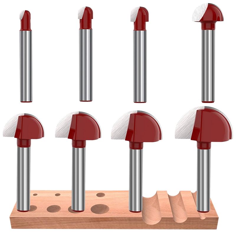 8Pcs 1/4Inch Shank Cove Box Bit ting Diameter Solid Carbide Double Flute Core Box Round Nose Woodworking Tool