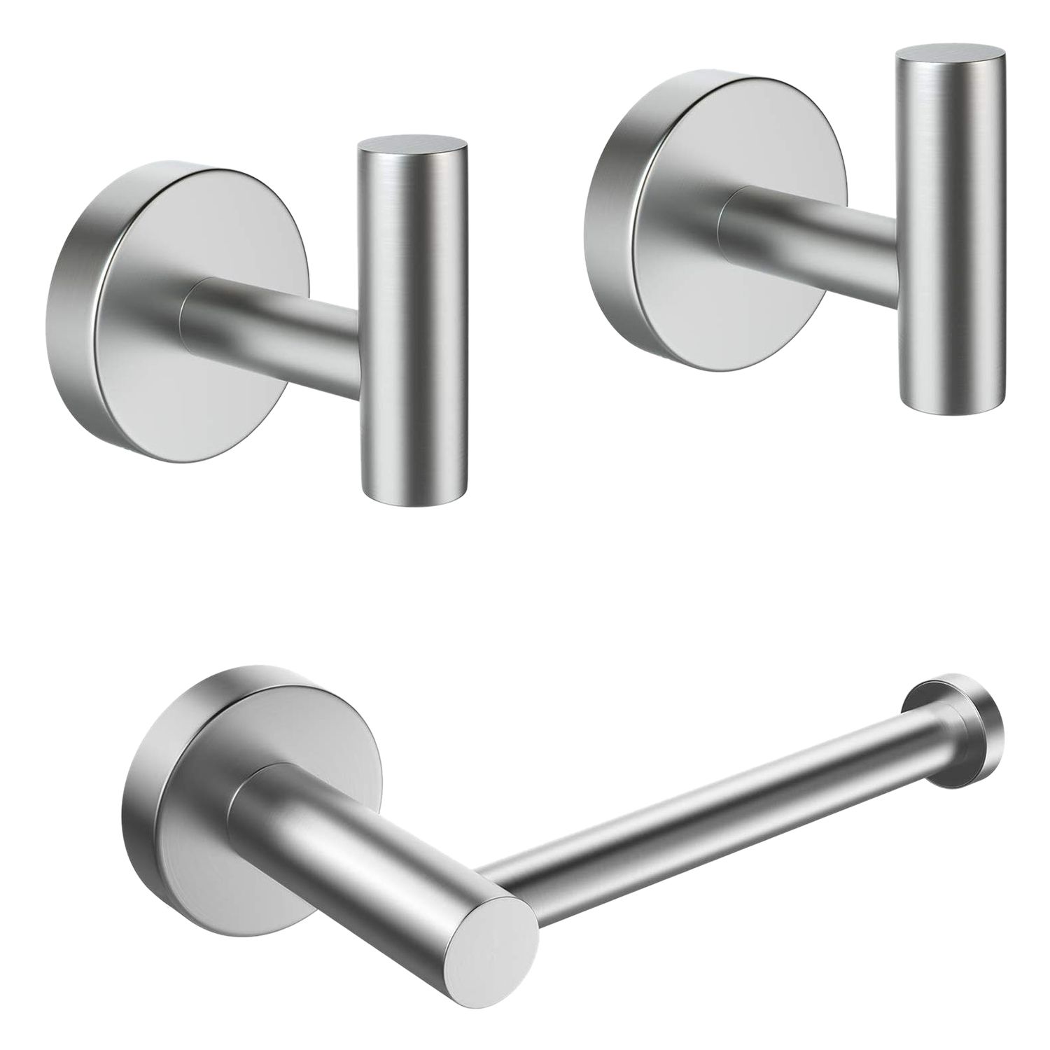 Brushed Toilet Paper Holder and Bathroom Towel Hook, Bathroom Hardware Set Stainless Steel Round Wall Mounted Towel Hooks for Bathrooms Kitchen Garage Hotel,3-Pieces, Silver