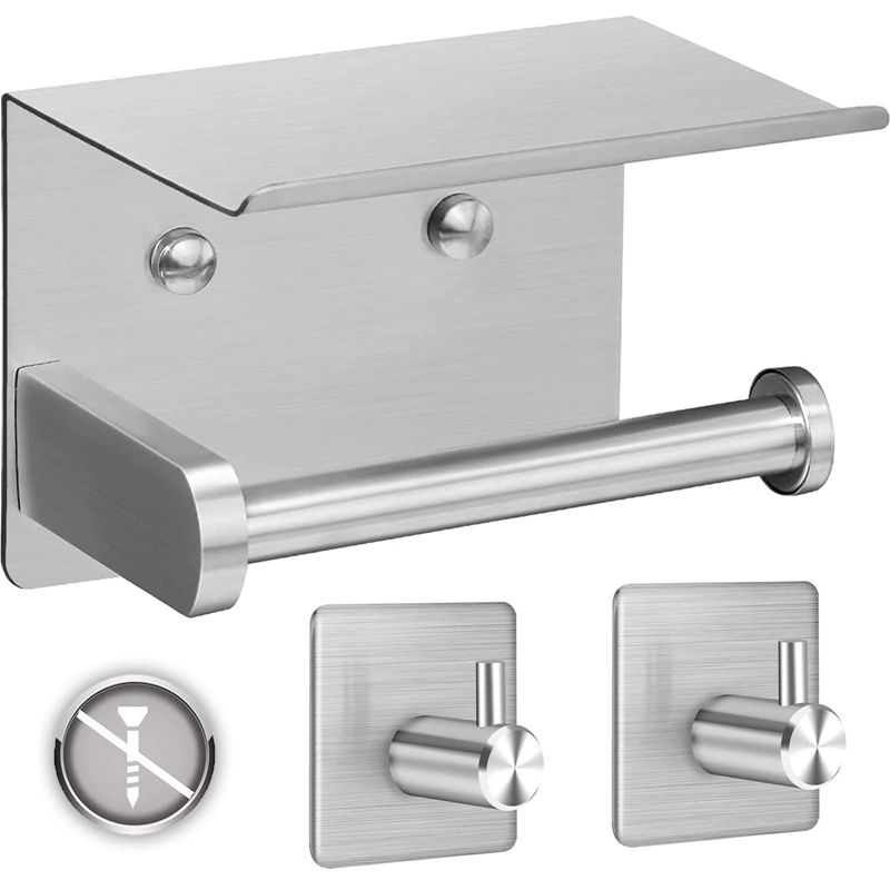 Self-Adhesive Toilet Paper Holder with 2 Towel Hooks, Toilet Holder