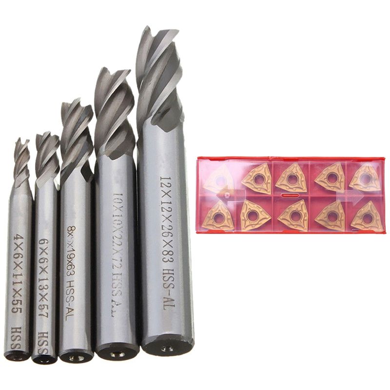 5Pcs/Set Straight Shank End Mill Cutter 4 Flute Hss Drill Bit 4/6/8/10/12mm & 10Pcs Wnmg080404 Carbide Inserts Blades