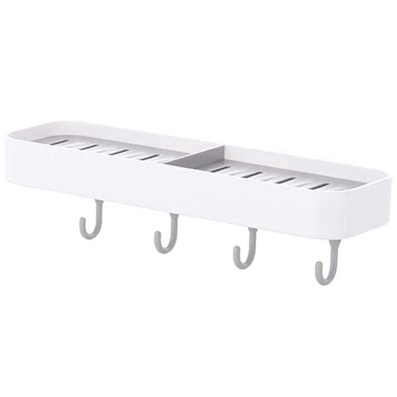 Adhesive Soap Dish with Hooks for Shower, No Drilling Soap Holder with Drain for Bathroom Kitchen Sink