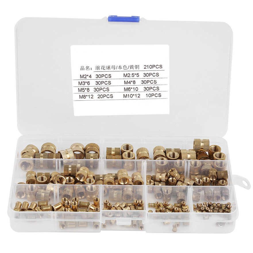 210pcs/Set M2-M10 Knurled Threaded Round Insert Embedded Nuts Brass Kit