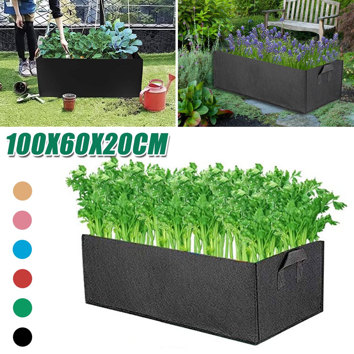 100X60X20cm Garden Planting Grow Bags 100x60x20cm Fabric Potato Tomato Planter Outdoor - Camel