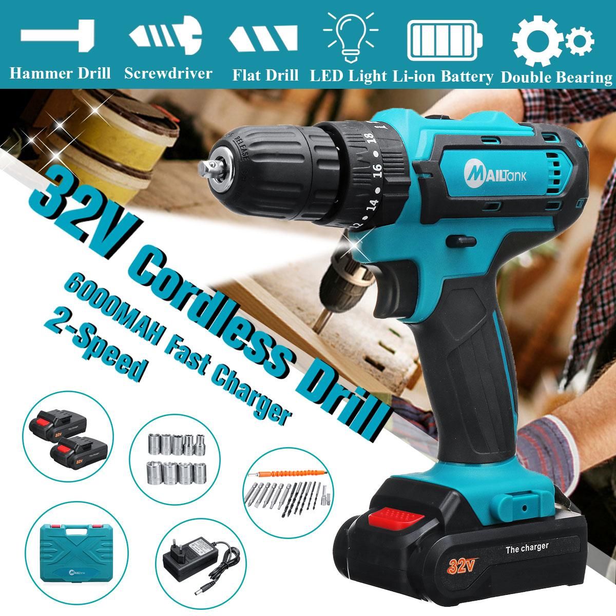 32V 2-Speed 6000mah Electric Cordless Drill 3IN1 Screwdriver 2 Li-Ion Batteries