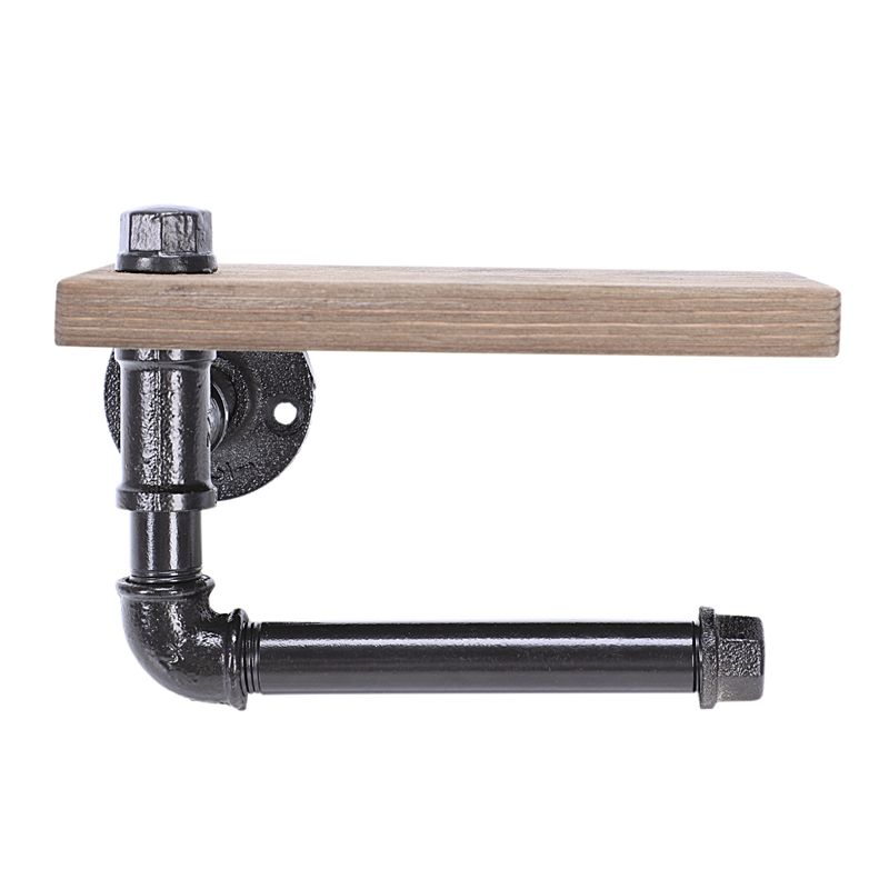 Toilet Roll Holder Multifunction Retro-Styled Iron Pipe Wall Mount Paper Towel Rack with Wooden Storage Shelf Retro Bathroom Rack