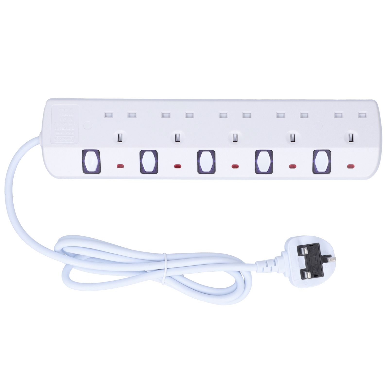 5-Outlet Power Strip Socket Charging Tower 6.6ft Extension Cord 250V 13A