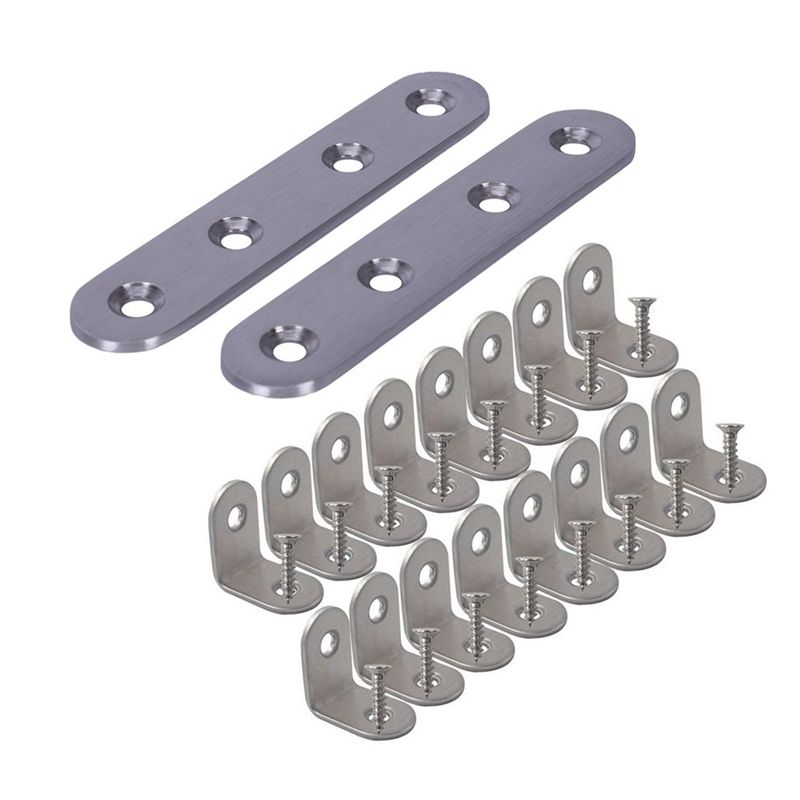 2Pcs Flat Stainless Steel Plate Brackets Support & 16Pcs Brace Corner Steel Joint Right Angle Bracket Fastener