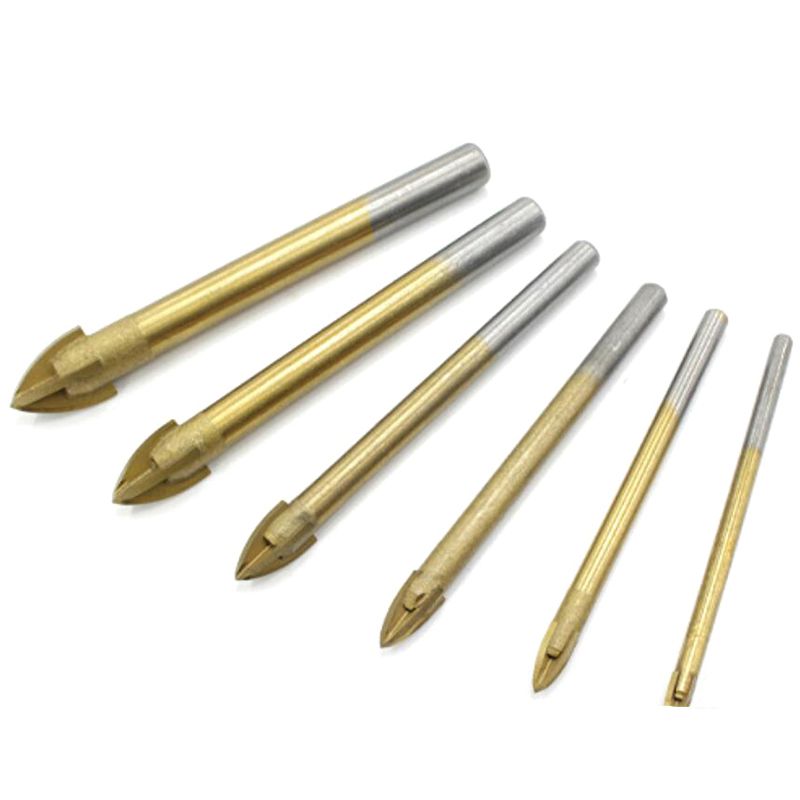 6 Pieces of Titanium-Plated Glass Drill Set Cutting Edge Cross-Spear Drill for Tile Marble Mirror