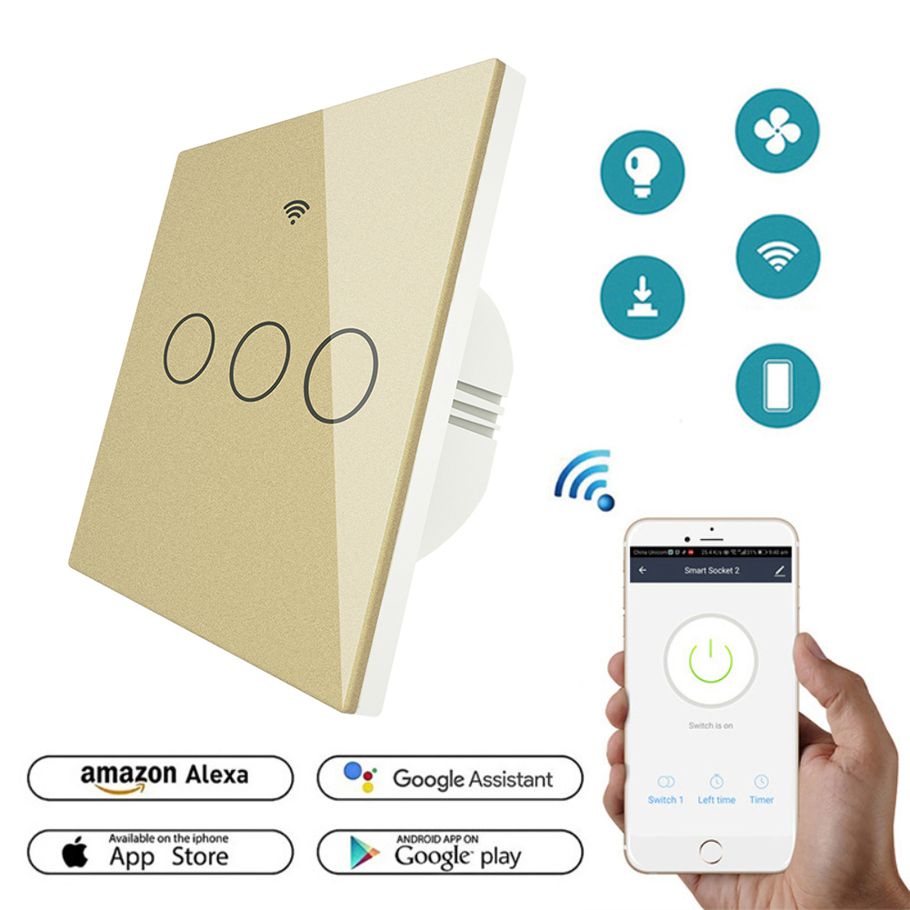 EU Standard 3 Buttons 86 Type WiFi Smart Switch With RF433 Function Alexa Or Google Home Voice Control Damp Proof