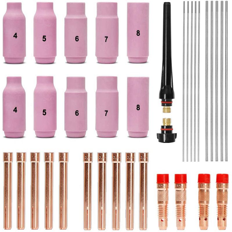 TIG Welding Accessories Set, Adapter Sleeves+ Housing+ Ceramic Nozzles+ Tungsten Electrodes for WP-26 TIG Welding Torch