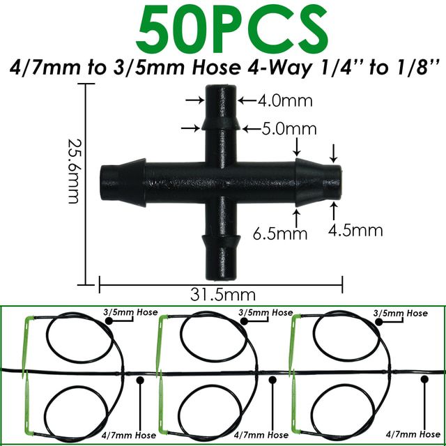 50X Tee Connector Fitting for 3/5 mm Hose Dripper Repair Irrigation Sprinkler 1/8" Barbed Watering System Garden 2&4 Way