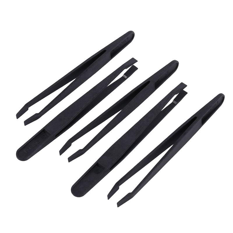 5 Pcs Manual Tool Black Plastic Flat Tip Anti-static Tweezer 12cm Long