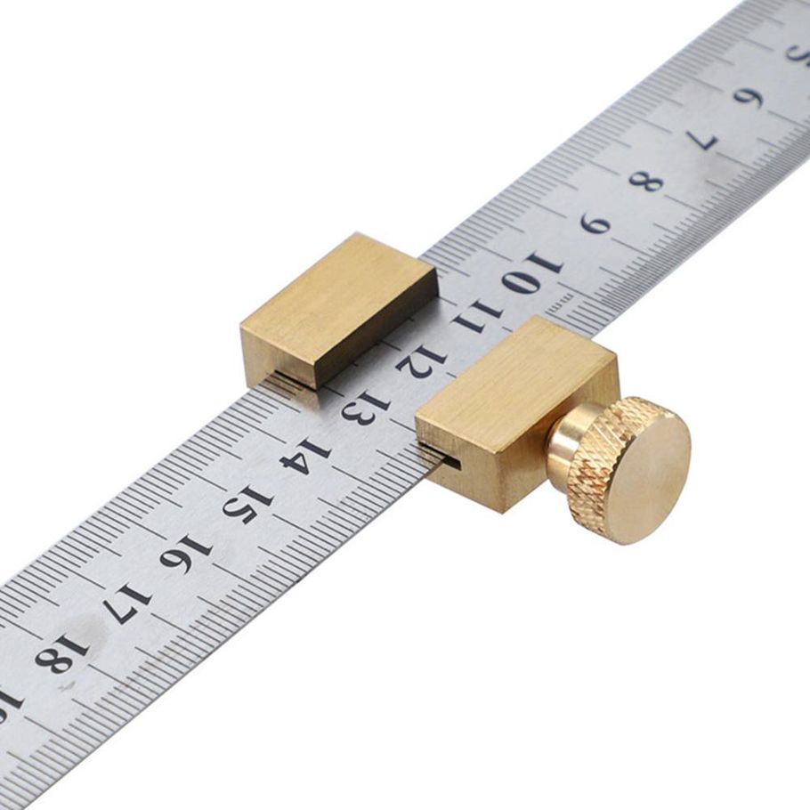 Brass Steel Ruler Positioning Block Woodworking Line Locator Stop Block DIY Measuring Tool with 300mm Steel Ruler