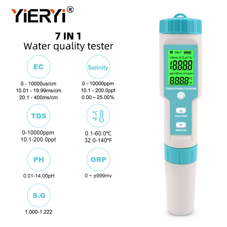 YIERYI 7 in 1 PH/EC/TDS/Salinity/S.G/ORP/Temp Meter Digital Salinity Tester Detect the Salinity of Seawater Marine Salt Water Fish Tank