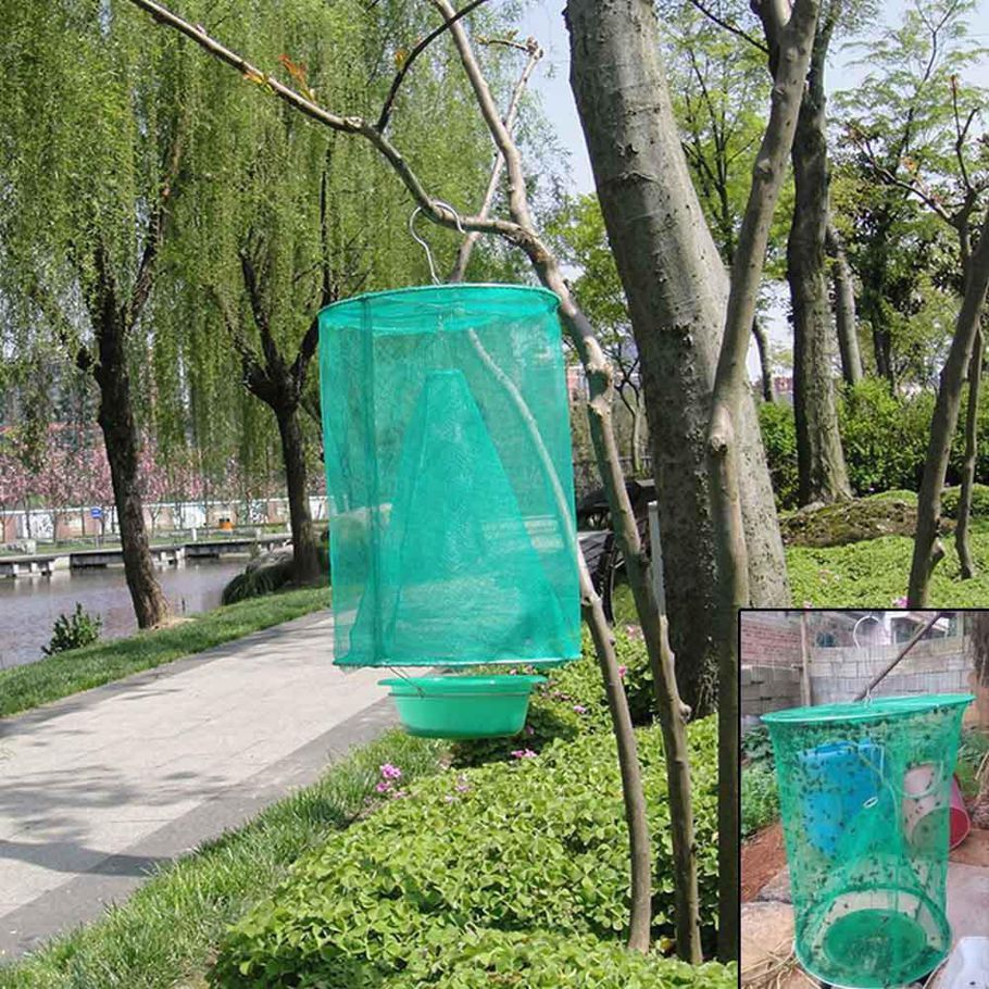 Outdoor Gardening Hanging Folding Reusable Drosophila Fly Insect Trap Net Catcher Killer Cage with Bait Storage Pot