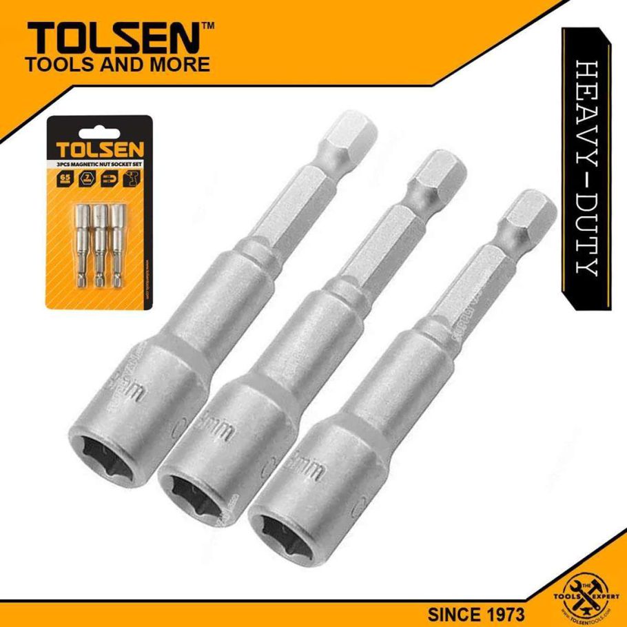 TOLSEN 3pcs Magnetic Nut Socket Set 8mm (Length 65mm) Tek Screw Bits 77843