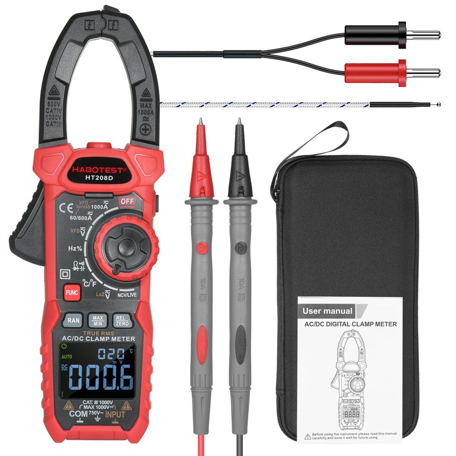 AC/DC Digital Clamp Meter True-RMS Multimeter Anto-Ranging Multi Tester Current Clamp Amp Volt Ohm Diode Capacitance Resistance Continuity NCV Temperature Duty Ratio VFD Tests