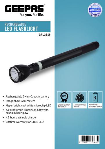 Geepas GFL3869 Rechargeable LED Flaashlight  363mm - Portable Torch | Charge Multiple Times, 6 Hours Working with 1900 mAh Battery