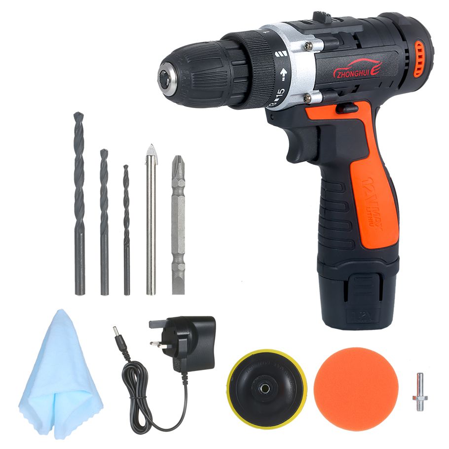 12V Cordless Drill / Driver Kit 1400rpm Variable Speed Polisher Car Buffer Waxer Set with Light Rechargeable Power Screwdriver with 5 Bits 1 Polishing Pad