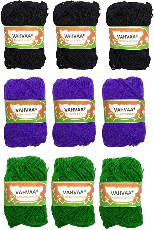 vahvaa Hand Crochet Knitting Art Craft Soft Fingering Hook Yarn, Needle Knitting Thread Dyed Yarn Black Violet Light Green Color Pack Of 9