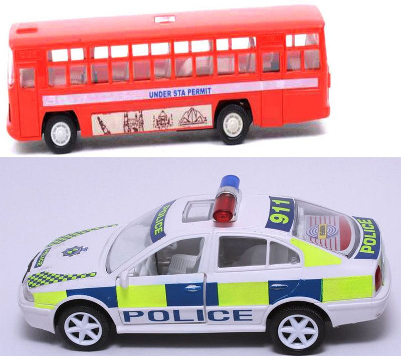 centy City Bus and UK Police Car - Pull Back Toy - (Pack of 2, Multicolor)  (Multicolor)