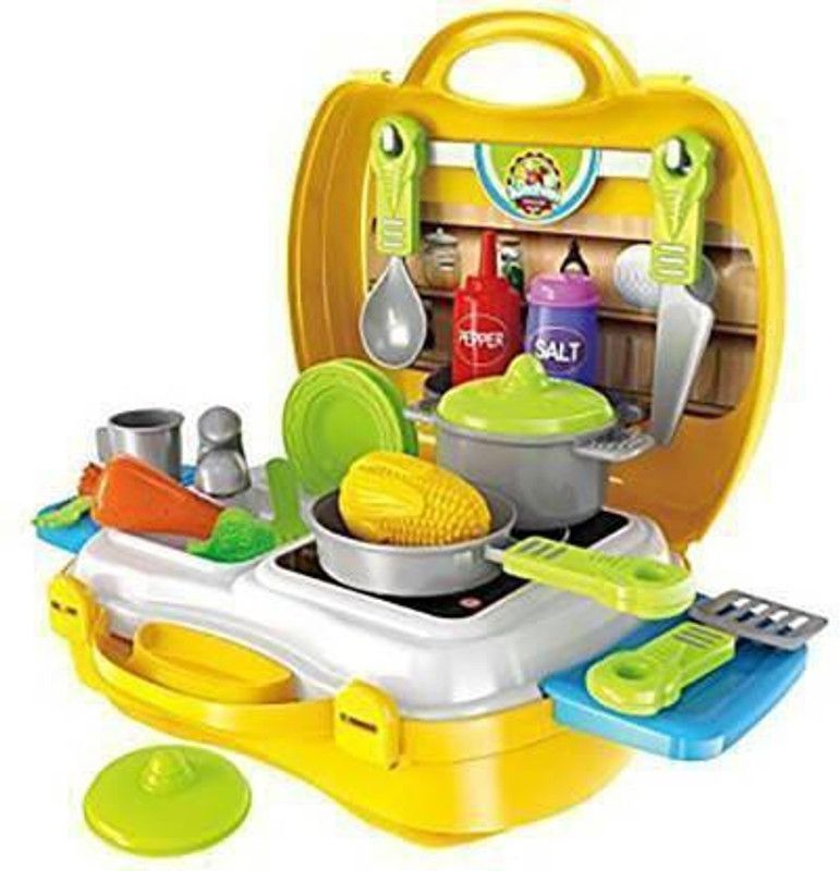 SSJMart 26 Pcs Suitcase Kitchen Play Set for Interactive Kitchen Learning for Kids (Yellow)