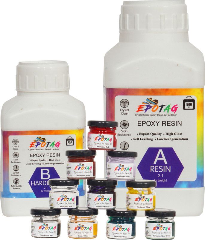 Epotag Epoxy Resin and Hardener Kit Crystal Clear for Jewelry DIY Art Crafts Cast Coating Wood,Easy Cast Resin (750 Gms) With Art Resin Pigment - Translucent Kit- 20g Each