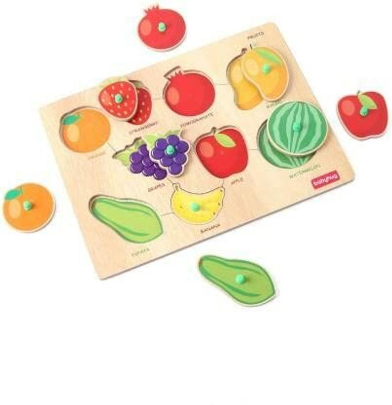 DIGSMORDEN Fruit Wooden Puzzle Board Tray with Knobs Comes with Name and Picture  (Multicolor)