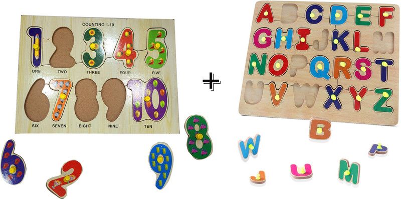 AMUSING Number & Alphabet Wooden Puzzle Board with Knobs for Kids  (Multicolor)