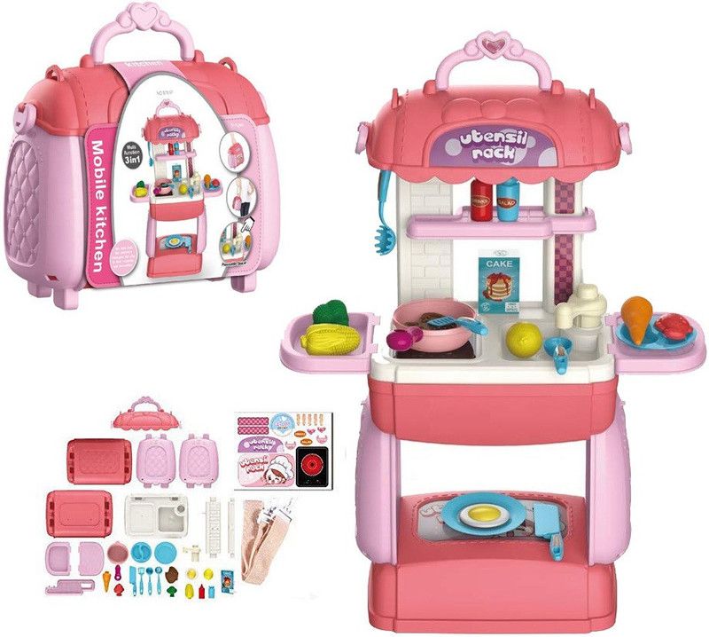 VRUX 3 in 1 Multi Function Pretend Mobile Kitchen Playset to Play Little Chef's Kitchen Set with Portable Suitcase Design | Kitchen Set for Girls - 31Pcs