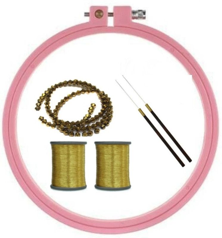 Royal Villa Special Combo Pack of 1 Plastic Embroidery Hoop Frame of 8 inch + 2 Aari Needles + 2 Golden Zari Threads of 1000 mts. each - + 200 Golden New Cut Beads 4mm Size for Sewing, Embroidery and Art Craft Work.