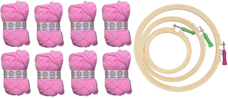 puffy Hand Knitting Art Craft Soft Fingering Crochet Hook Yarn, Needle Knitting Wool Ball, Dyed Light Pink Pack Of 8 With Round Wooden Frame (6,8,10) Inches Used For Making Hand Made Craft Items