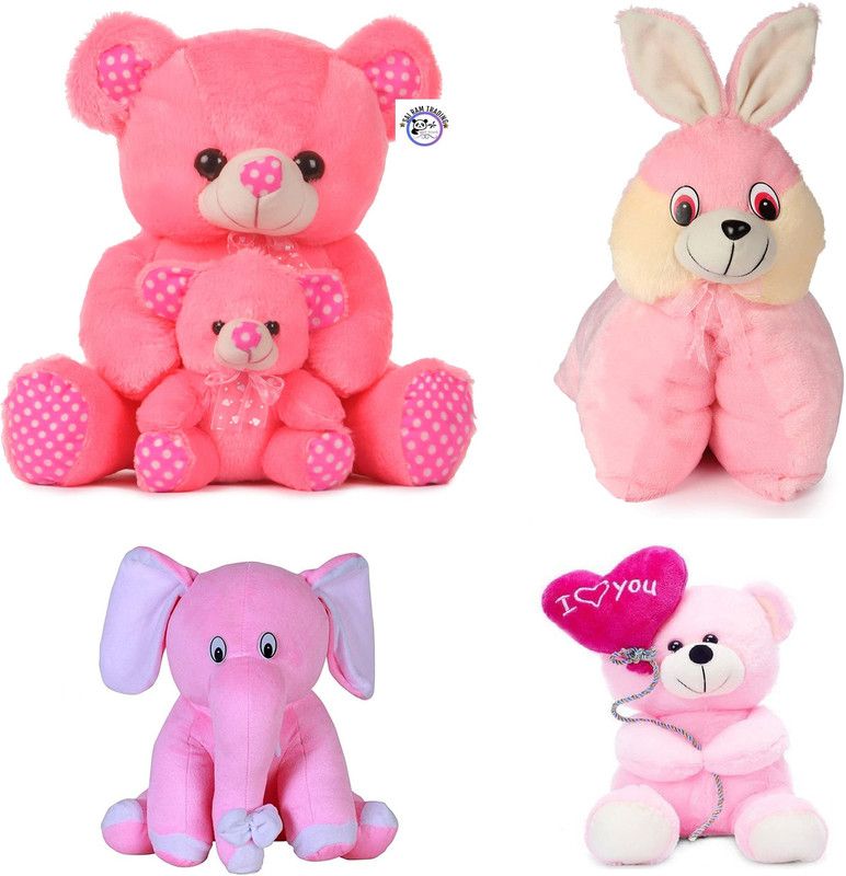 SRT TOYS PINK EDITION, TEDDY BEAR WITH BABY, RABBIT PILLOW, ELEPHANT & BALLOON TEDDY COMBO - 45 cm  (Pink)