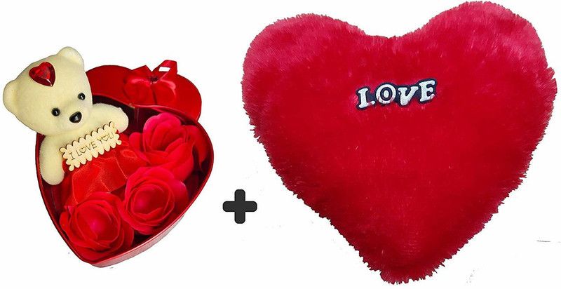 Sia Valentine Gift - 1 Cute Teddy with 3 Roses in Small Heart Shaped Box- Art NO-162 - 4.5 inch  (Red)