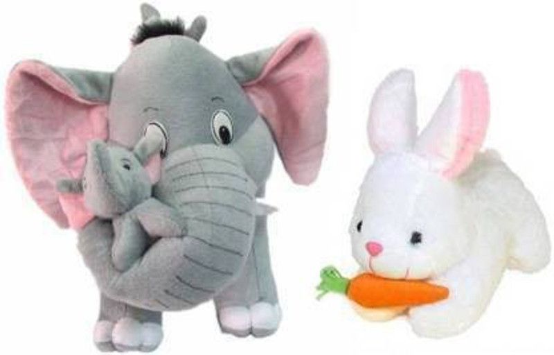 Saubhagye Combo of Elephant with 2 babies and White rabbit with Carrot stuffed toys- 30 cm - 30 cm  (Multicolor)