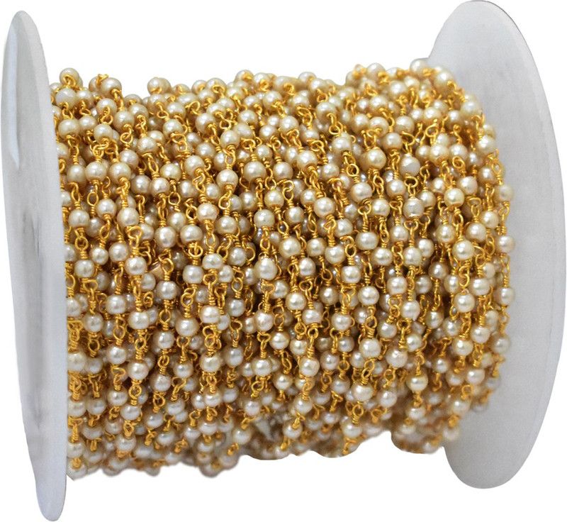 Embroiderymaterial Jewellery Making Rondelle Pearl Chain Beaded Chain (White, 1 Mtr)