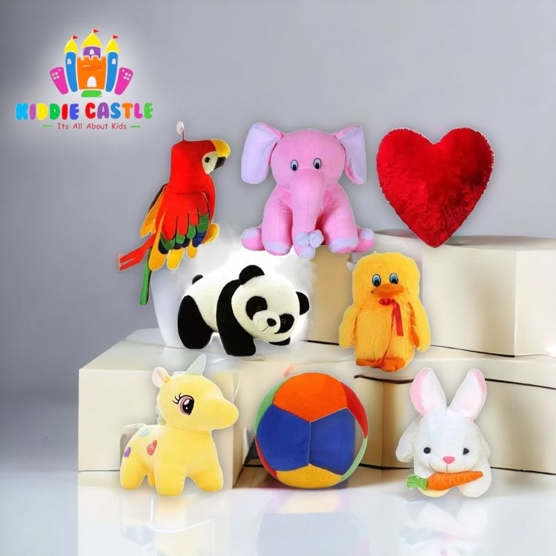 Kiddie Castle Combo of 8 Soft Toy Ball Elephant Heart Unicorn Duck Rabbit Panda Parrot Height - 25 cm  (Multicolor)