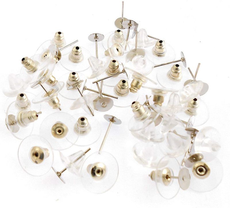 Crafto Combo of Silver Finished Push lock (Bullet) 25 pcs.+ Silicon Rubber universal Push lock (suitable for all types of earrings Stud) 25 pcs. and Steel Finish Studs 50 pcs.