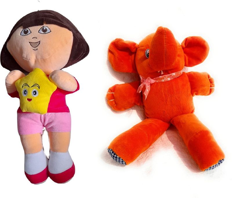 Prince Soft Toys ® Soft toy Dora doll & Siting Elephnat Doll - 35 cm  (Multicolor)