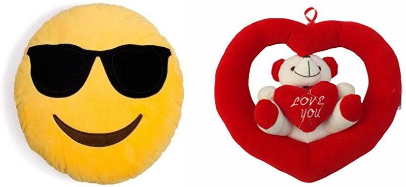 Agnolia Gift Basket Cool dude Smiley cushion with Hanging Red heart Teddy for valentine/anniversary/birthday/girl/boy Soft toy 19 cm - 19 cm  (Multicolor)