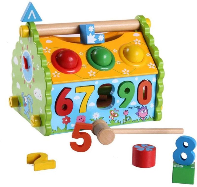 QBIC Wooden Multifunctional Dismounting Knock Ball Wisdom House / House Shape Educational Wooden Toys for Kids / Wooden Learning toy for kids  (Multicolor)