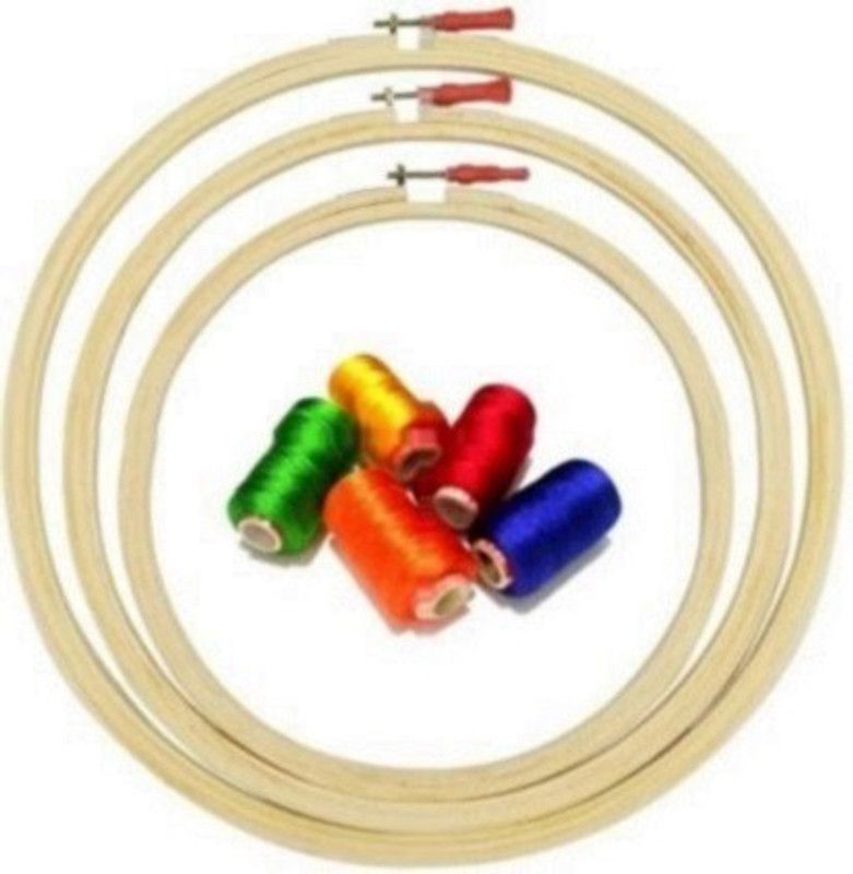 nimi creation wooden embroidery hoop ring frame (pack of 3 ) and five spools silk thread.(frame sizes are in inches 5,10,12