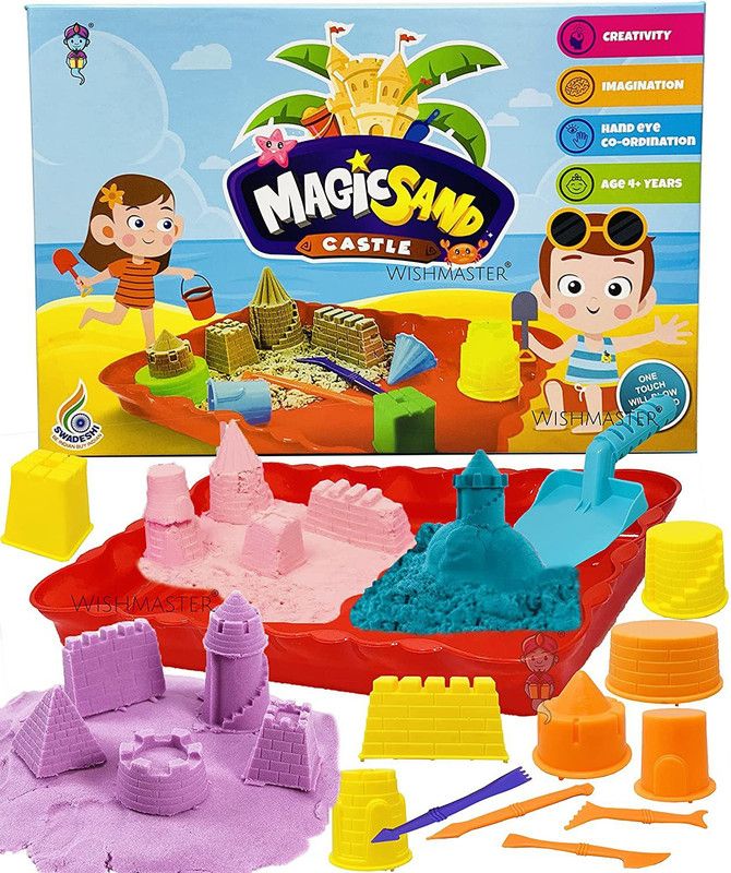 Miniature Mart Kids Playing Soft Sand Easy To Clean & No Messing Play Inside The Tray Castle Making Set With Molds | Squeezable Sand | Gift For Kids | Play Indoor / Outdoor | No Mess | (1.5 Kg Sand + 8 Mold + 5 Tools + 1 Tray)