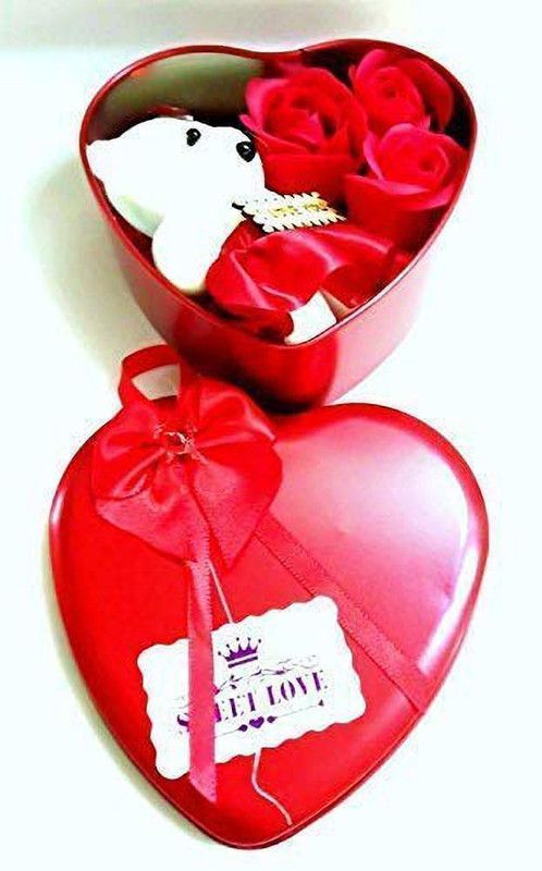 Sia Valentine Gift - 1 Cute Teddy with 3 Roses in Small Heart Shaped Box- Art NO-157 - 4.5 inch  (Red)